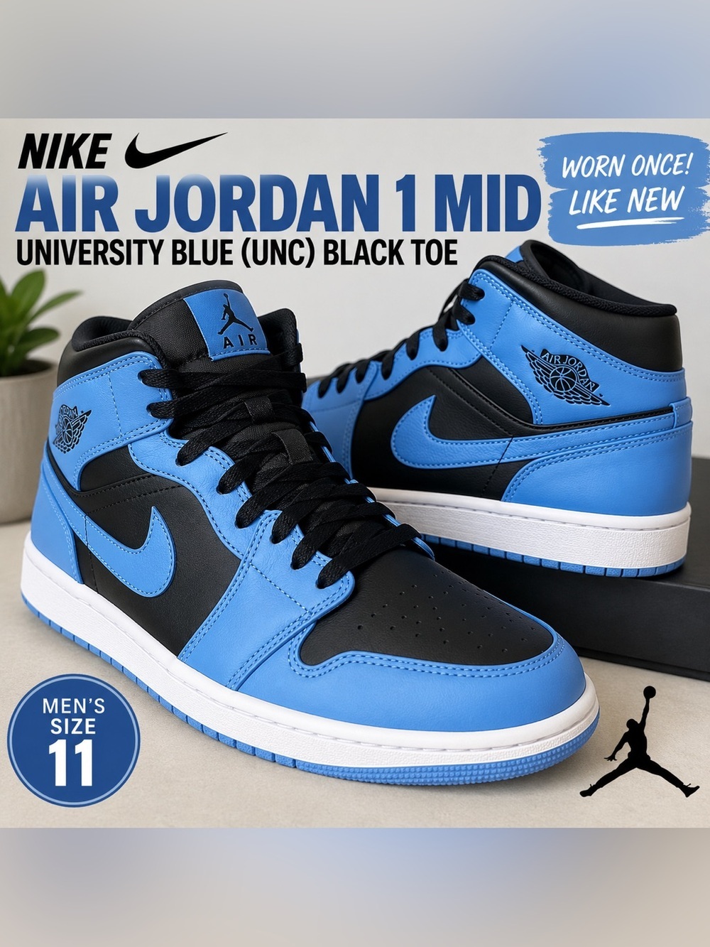 Nike Air Jordan 1 Mid University Blue Black Toe Men's Size 11 UNC